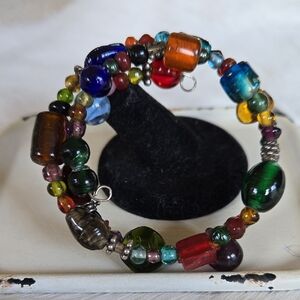 B-026-Wire Wrap Multi-Colored And Multi-Shaped Glass Beaded Bracelet